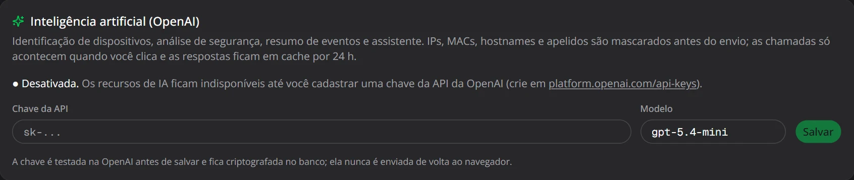 Card Inteligência artificial em Configurações, com os campos Chave da API e Modelo