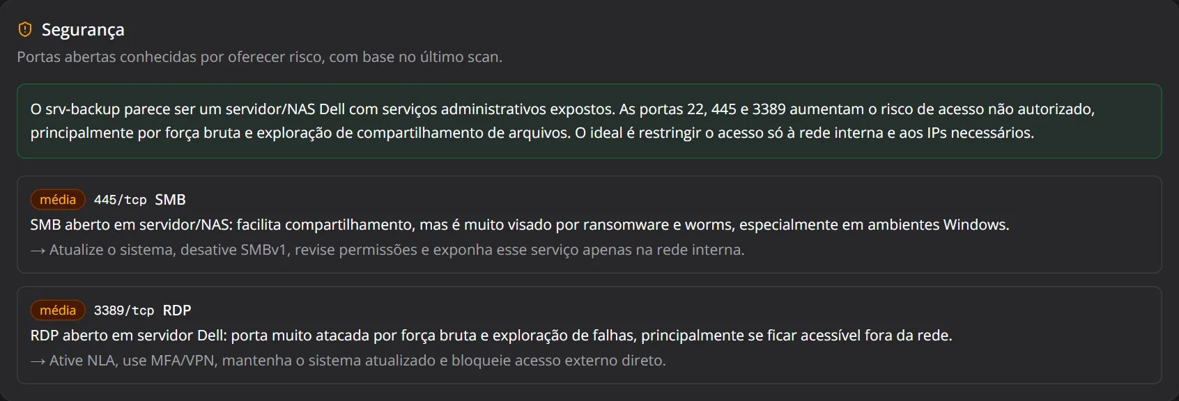 Card de segurança do servidor srv-backup com explicação da IA sobre as portas SMB e RDP e recomendações