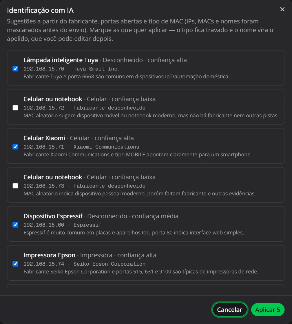 Identificação com IA sugerindo Lâmpada inteligente Tuya, Celular Xiaomi e Impressora Epson para dispositivos sem nome