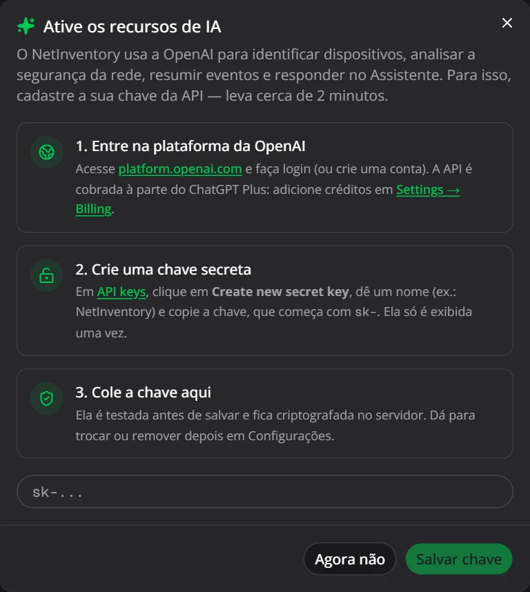 Aviso Ative os recursos de IA, com os três passos para obter a chave da OpenAI e o campo para colá-la