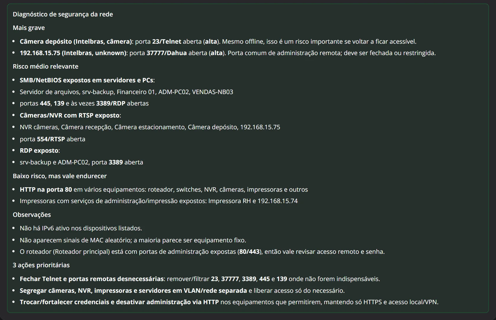 Diagnóstico de segurança da rede gerado pela IA, com itens mais graves, riscos médios e três ações prioritárias