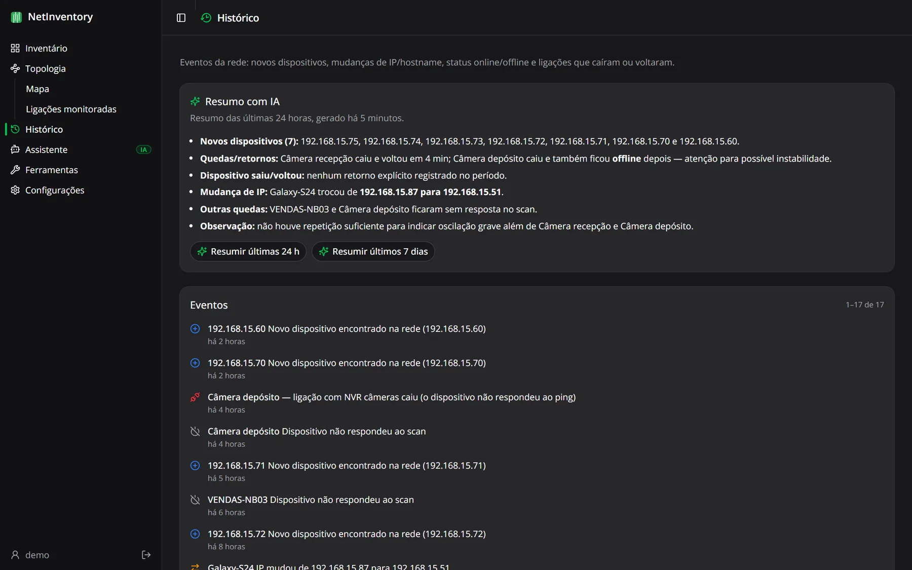 Página Histórico com resumo de IA e lista de eventos da rede