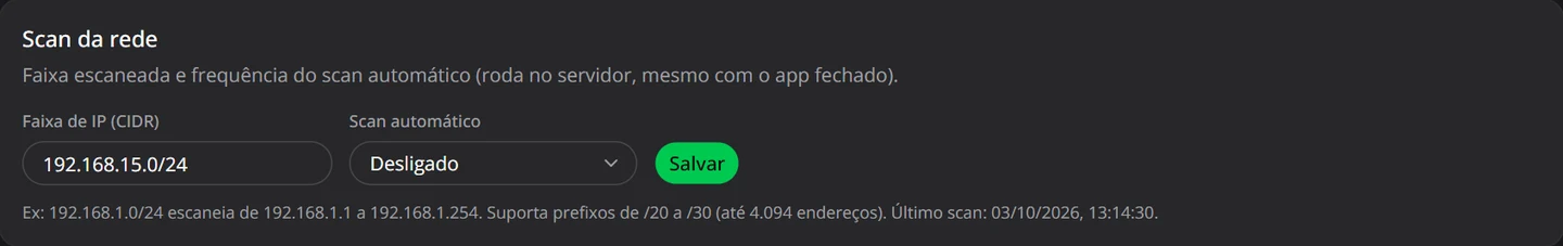 Card Scan da rede: campo Faixa de IP (CIDR) com 192.168.15.0/24, seletor Scan automático e botão Salvar